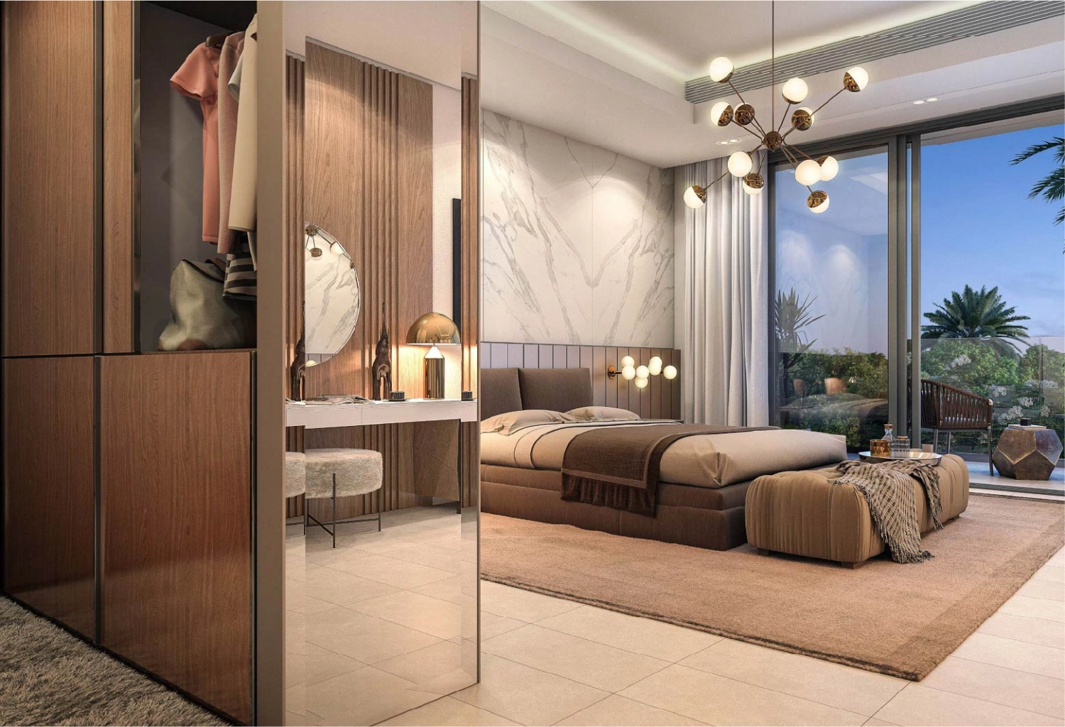 Stylish master bedroom with balcony access in The Dunes residence